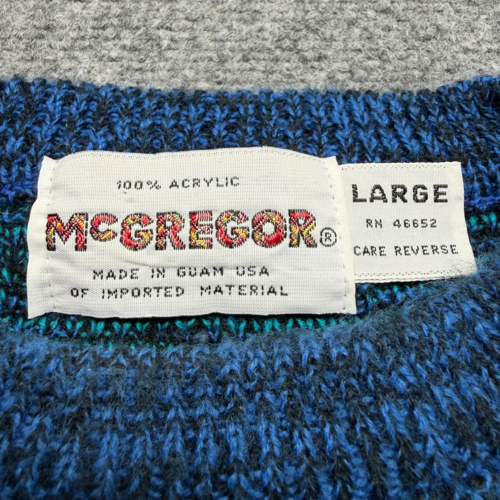 Vintage McGregor Mens Large Abstract Geometric Knit Sweater Blue Teal 90s USA